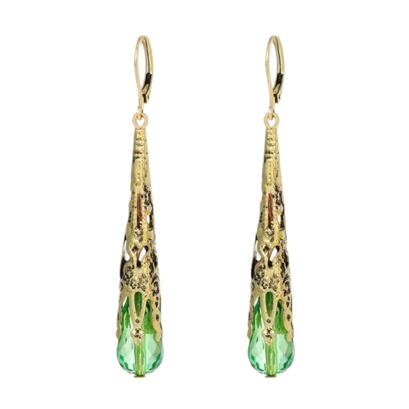 Gold Plated Green Elongated Turkish Earrings - Picture 1 of 3